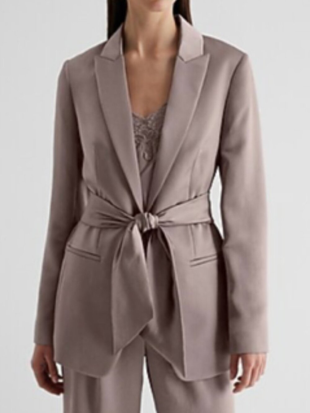 Express Taupe Premium Satin Tie Belt Notch Collar Blazer